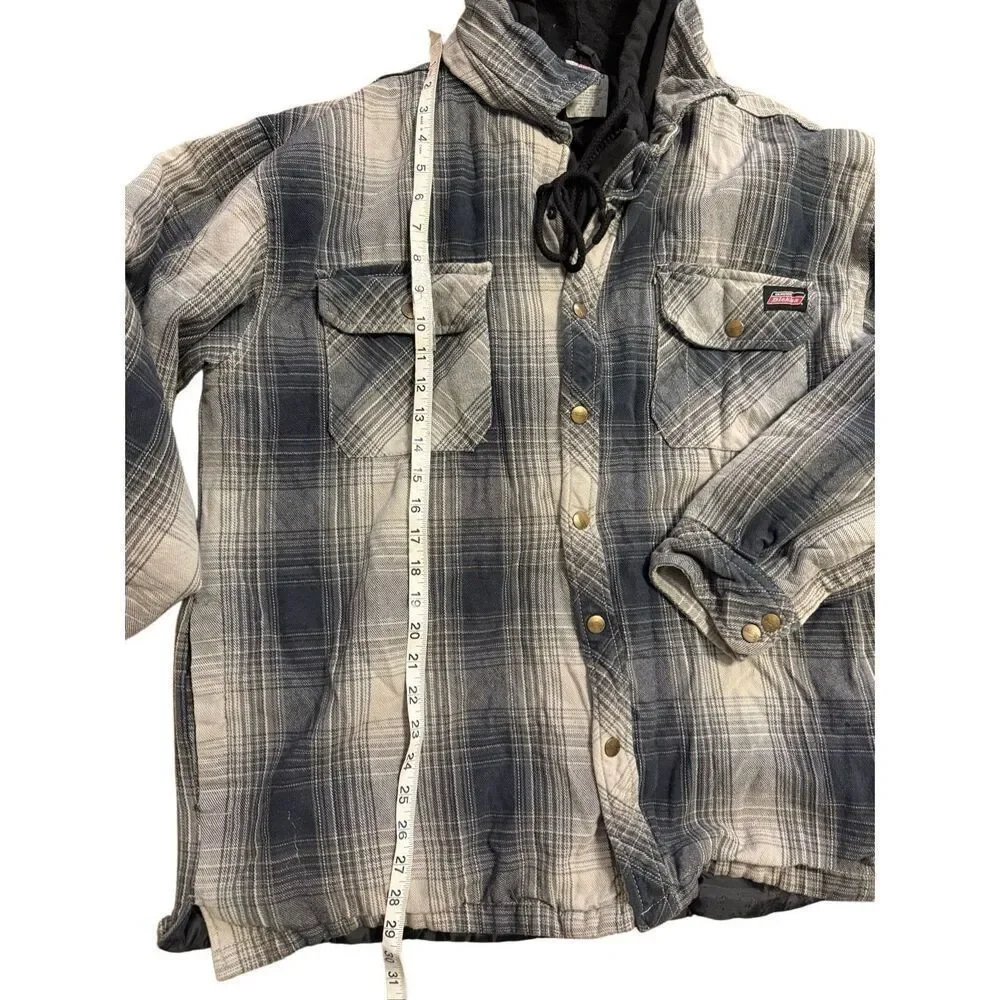 Dickies Relaxed Fit Flannel Hooded Shirt Jacket Black Gray Plaid Pattern 2XL
